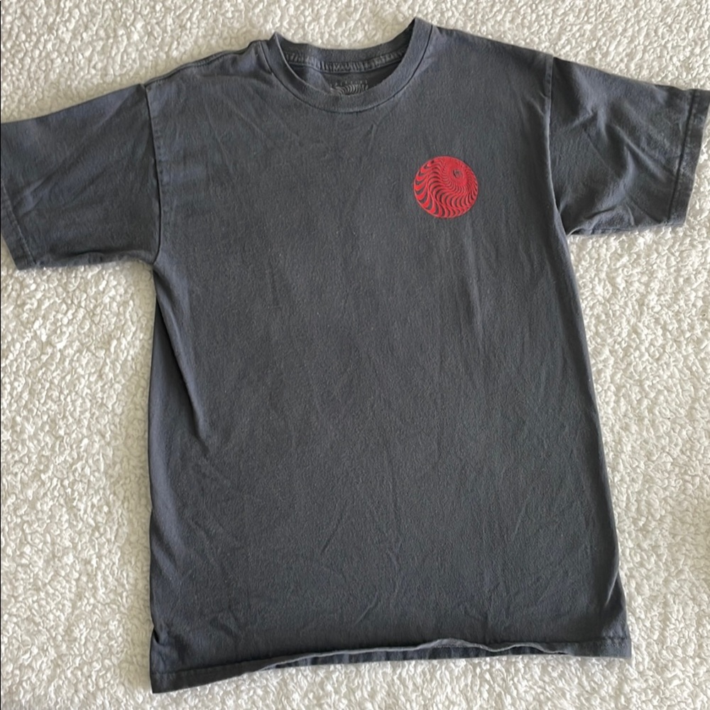 Spitfire Graphic Tee with red logo on front and back size small gray